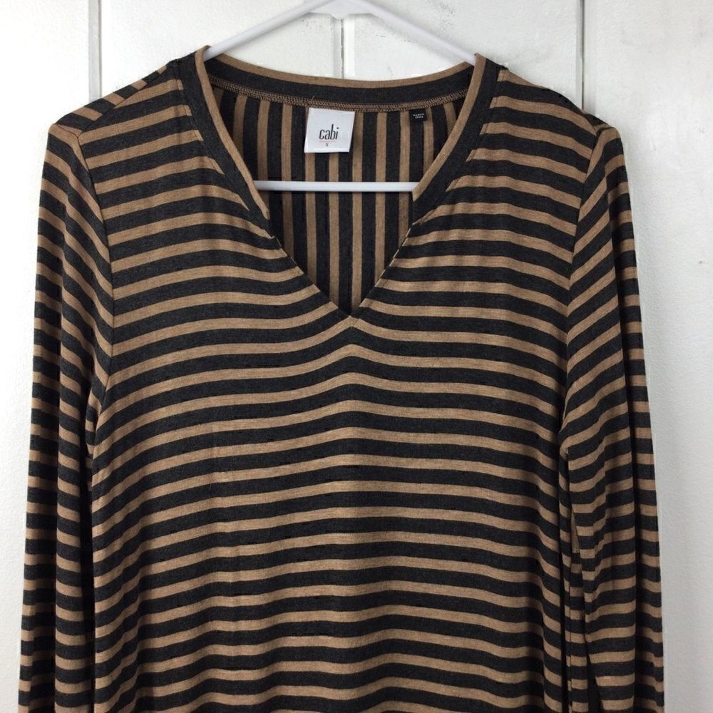 Cabi Striped Tee Tan & Gray Stripes Asymmetrical Hem Tunic, Size Small - Picture 4 of 10